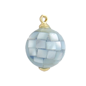 Macro detail of sphere pendant with blue shell mosaic pattern and gold plating