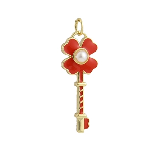 Pendentif clé plaqué or 18k avec émail trèfle rouge et perle blanche centrale