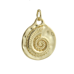 Close-up of golden nautical spiral pendant with 18k gold plating and embossed textures