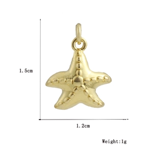Detailed view of 18k gold starfish charm with dimensions 1.5cm by 1.2cm and 1g weight
