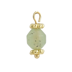 Macro detail of faceted green prehnite stone charm with 18k gold plated floral bead caps