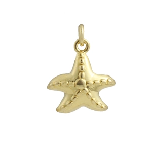 Detailed macro view of gold-plated starfish pendant with embossed dot texture and top loop
