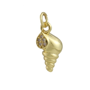 Detail of a 18k gold-plated conch shell pendant with clear pavé zircon accents