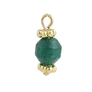 Macro detail of faceted green gemstone pendant with 18k gold-plated floral caps