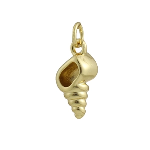 Detailed close-up of a polished 18k gold conch shell pendant with realistic spiral texture