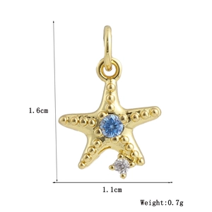Vue détaillée du pendentif étoile de mer plaqué or 18k avec gemme bleue et dimensions