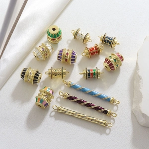Vintage Copper Gold Plated Enamel Charm Beads Geometric Barrel Cylinder Pendant With Rhinestone For DIY Jewelry Making