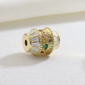 Luxury gold geometric barrel charm with white enamel and colorful crystals for bracelets
