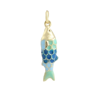 Detail view of colorful enamel fish pendant with 18k gold plating for DIY jewelry