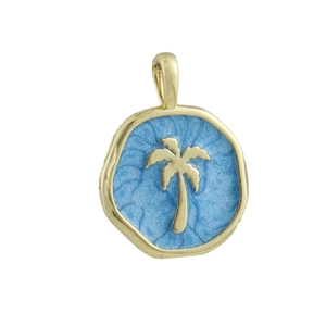 Colgante redondo bañado en oro 18k con esmalte azul y diseño de palmera dorada para collares