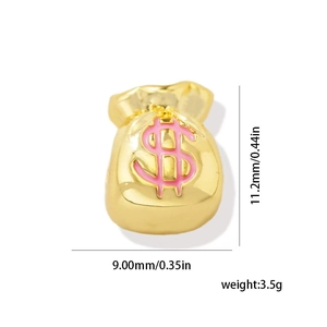 Macro view of 18k gold plated money bag pendant with pink dollar sign and dimensions