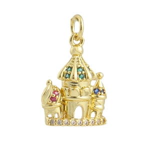 Pendentif château plaqué or 18k exquis avec pierres précieuses et diamants blancs