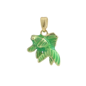 Macro detail of vibrant green fish pendant with polished 18k gold plating and enamel finish