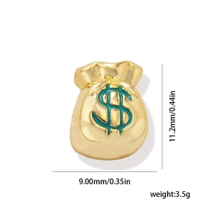 Detail of 18k gold money bag charm with green dollar sign and physical dimensions
