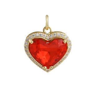 Luxe 18k vergulde harthanger met groot rood kristal en een halo van kleine fonkelende diamanten