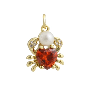 Pendentif crabe créatif plaqué or 18 carats avec zircon cœur rouge et perle blanche