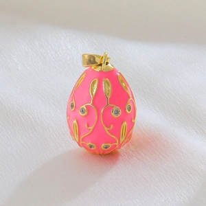 Pink enamel Faberge style egg pendant with 18k gold plating and white zircon crystals