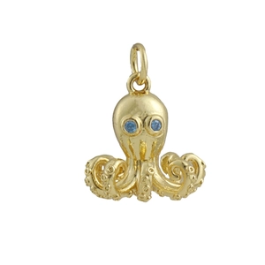 Golden octopus pendant with blue zircon eyes and detailed textured tentacles for jewelry