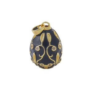 Fabergé style 18k gold plated egg pendant with black enamel and filigree crystals