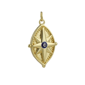 Detailed view of a gold oval evil eye pendant with starburst pattern and beaded edge