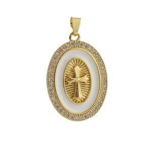 Religious 18k gold plated oval cross pendant with white enamel and sparkling crystal border