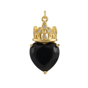 18K gold plated heart black agate pendant with crown setting and cubic zirconia