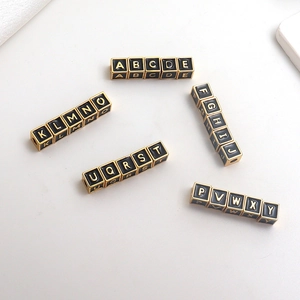 Square black enamel alphabet beads with gold letter engraving for DIY jewelry making