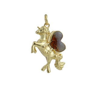 Detail view of a gold unicorn pendant featuring glitter heart wings for DIY jewelry making