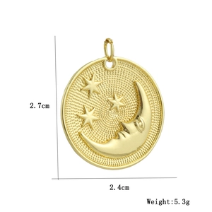 Golden 18k plated celestial round pendant with moon and stars including size measurements