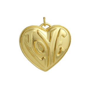 Detail of 18k gold heart pendant featuring embossed LOVE lettering on a smooth surface