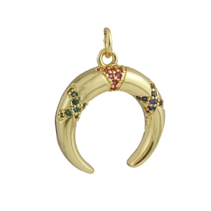 Macro detail of crescent horn pendant with colorful stones and polished gold finish