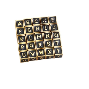 Golden square alphabet beads with black enamel finish for DIY jewelry necklaces