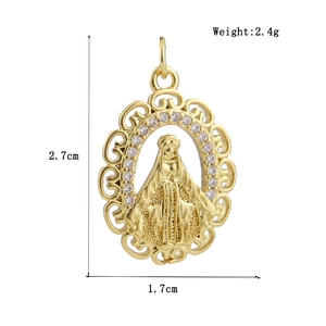 Detailed view of gold oval Virgin Mary pendant with cubic zirconia and size measurements