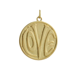 Close-up of a round gold-plated 18k pendant with embossed LOVE lettering for necklaces