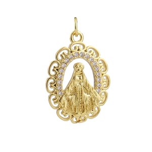 Macro view of a gold religious oval pendant featuring embossed Virgin Mary and zircons