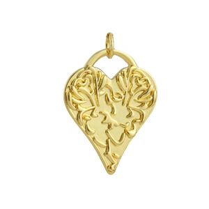Detailed close-up of 18k gold plated heart pendant with intricate embossed relief patterns