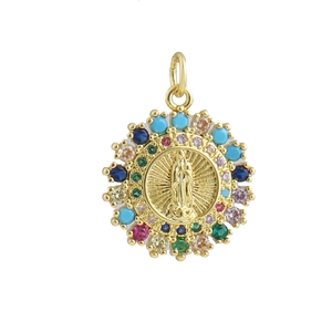 Macro detail of religious Virgin Mary pendant with colorful gemstones and vintage gold finish