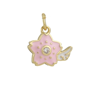 Golden 18k gold-plated cherry blossom charm with pink enamel wings and center crystal