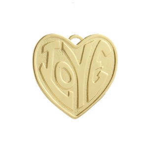 Detailed close-up of 18k gold plated heart charm with embossed LOVE lettering design