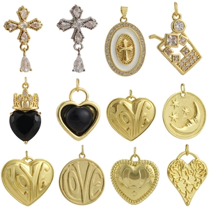 Hip Hop Copper 18K Gold Plated Rhinestone Pendants Heart Cross LOVE Letter Charms For DIY Bracelet Necklace Making Jewelry