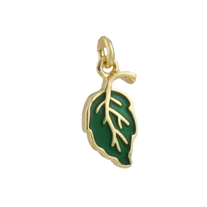 Detailed view of leaf charm with green enamel and 18k gold plating for DIY jewelry