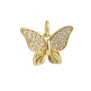 Macro shot of gold butterfly pendant featuring pavé-set zircons on upper wings