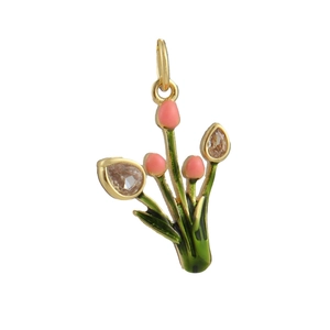 Exquisite 18k gold tulip pendant with green enamel leaves and pink zircon flower