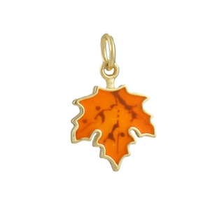 Detail of maple leaf pendant in 18k gold plated copper with orange enamel finish