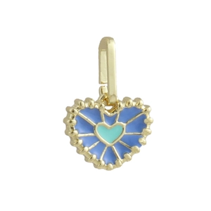 18k gold plated heart pendant with blue enamel and beaded border on white background