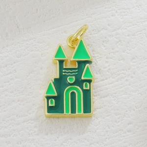 Exquisite 18k gold plated castle charm with green enamel for DIY jewelry making