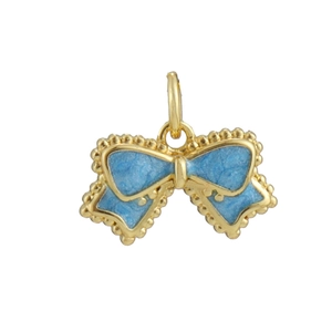 Detail of 18k gold plated bow pendant with light blue enamel and beaded metal edges