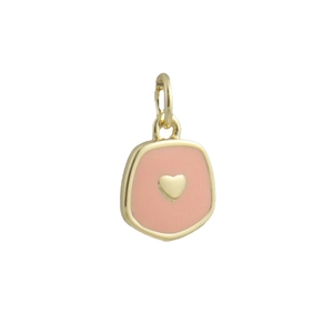 Macro detail of heart enamel pendant with 18k gold plating and pink drip oil finish