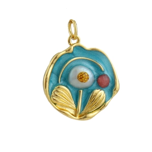 Detail of 18k gold cactus flower pendant with blue enamel and white pearl inlay
