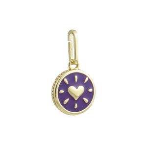 Detailed macro view of gold-plated heart sunburst charm with purple enamel inlay